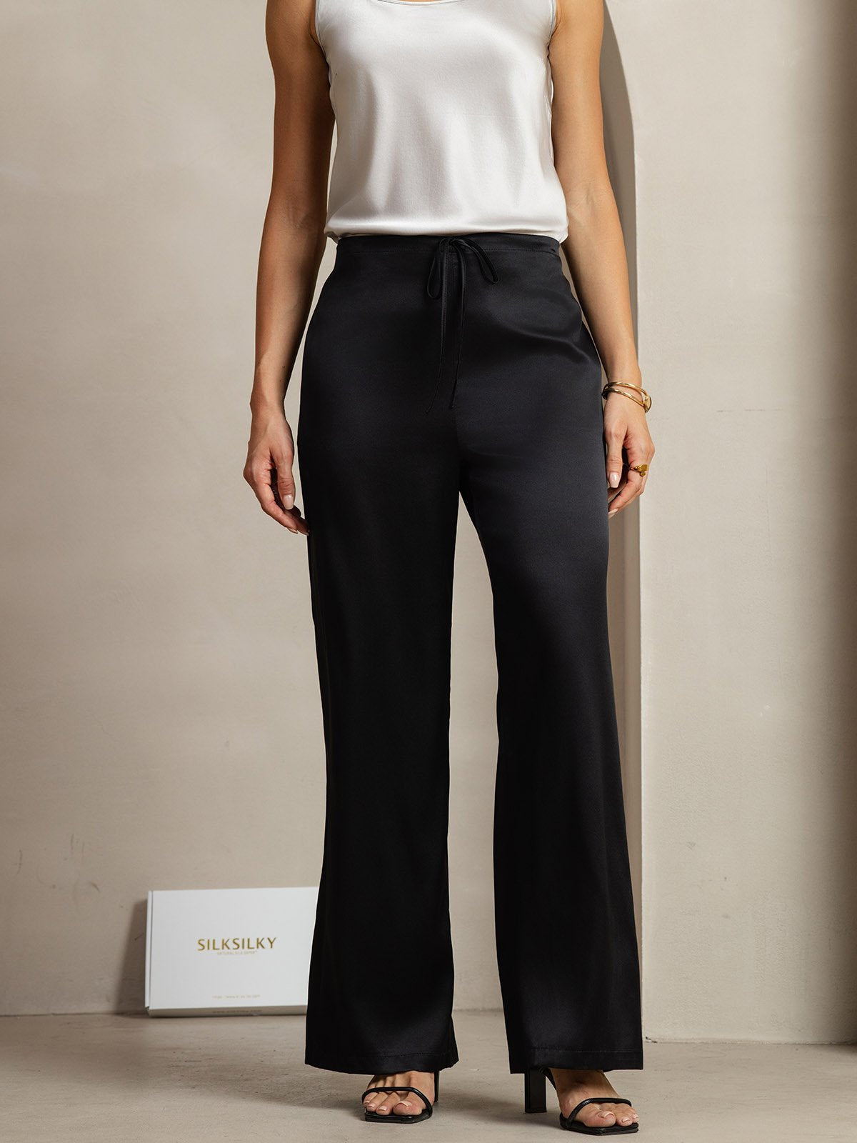 [Svart] SilkSilky-SE 19Momme Silke Womens Pants 003