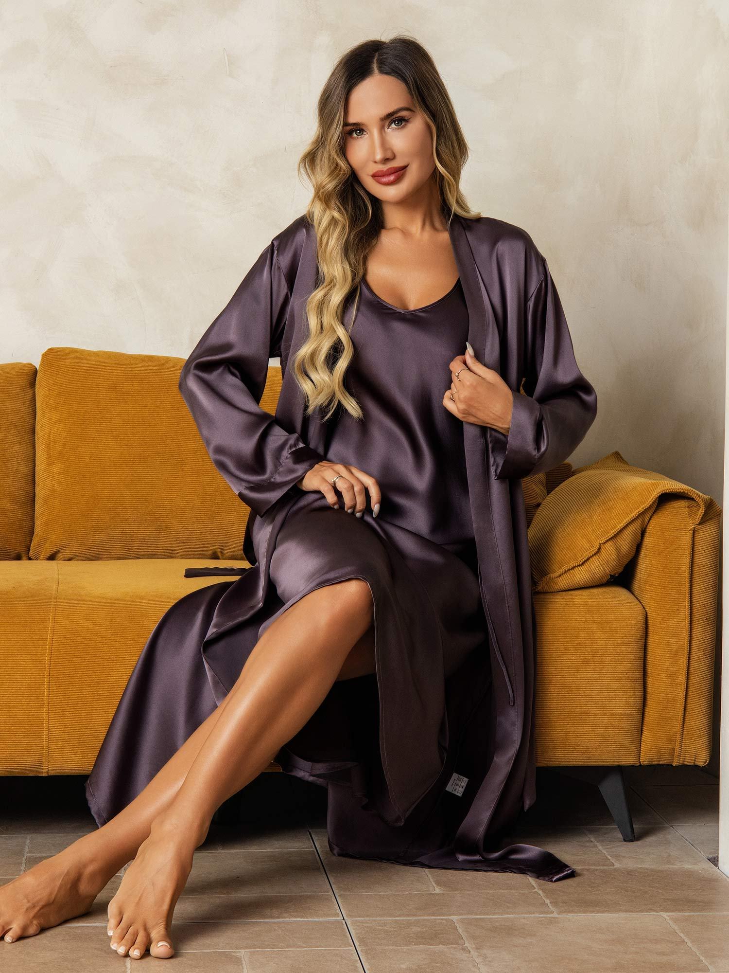 [LilaGrå] SilkSilky-SE Rent Silke Nightgown&Robe Set 007