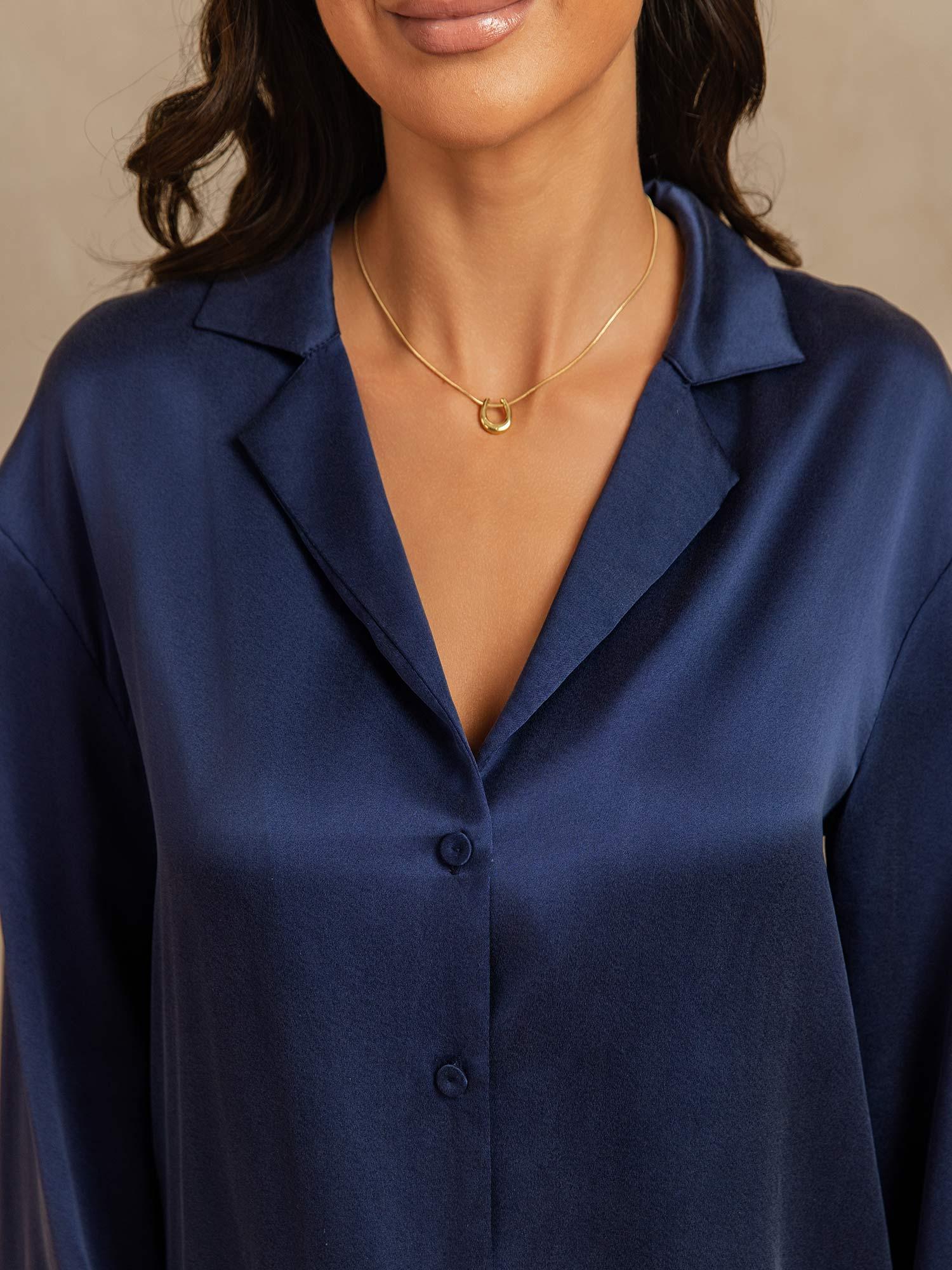 [Mörkblå] SilkSilky-SE 19Momme Silke Skårad Dam Pyjama 004