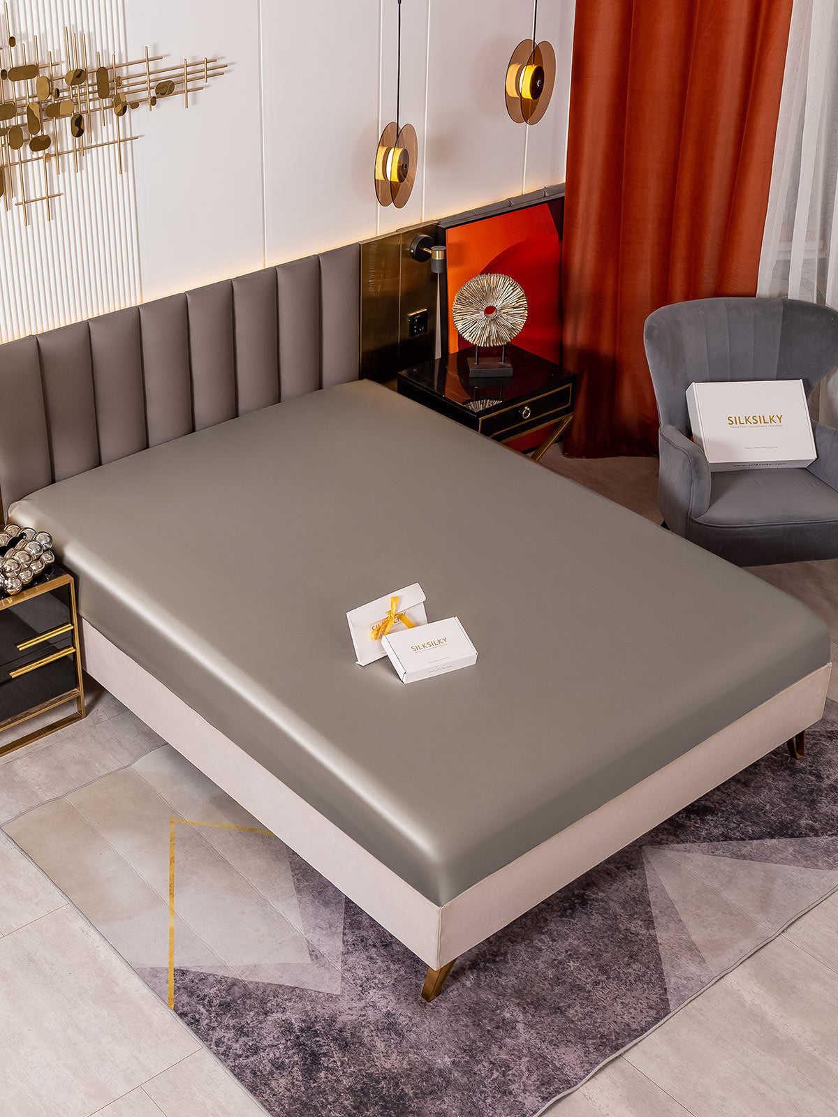 [Grå] SilkSilky-SE 22Momme Rent Silke Sheet 002,