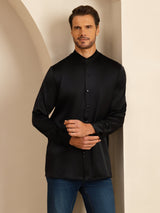 [Svart] SilkSilky-SE Long Sleeve Stand Collar Herrskjorta 006