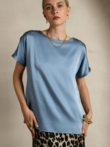 [Gråblå] SilkSilky-SE 19Momme Kort Ärm Båtringad Dam T-Shirt 005