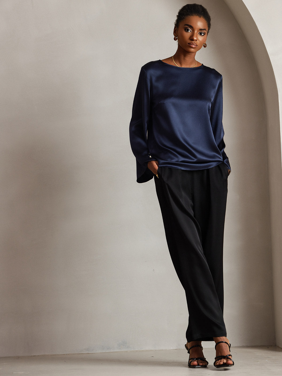 [Mörkblå] SilkSilky-SE 19Momme Silke Womens T-Shirt 006,