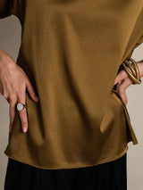 [Brun] SilkSilky-SE 19Momme Kort Ärm Båtringad Dam T-Shirt 008