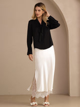[Svart] SilkSilky-SE Long Sleeve Tie Neck Damblusar 007