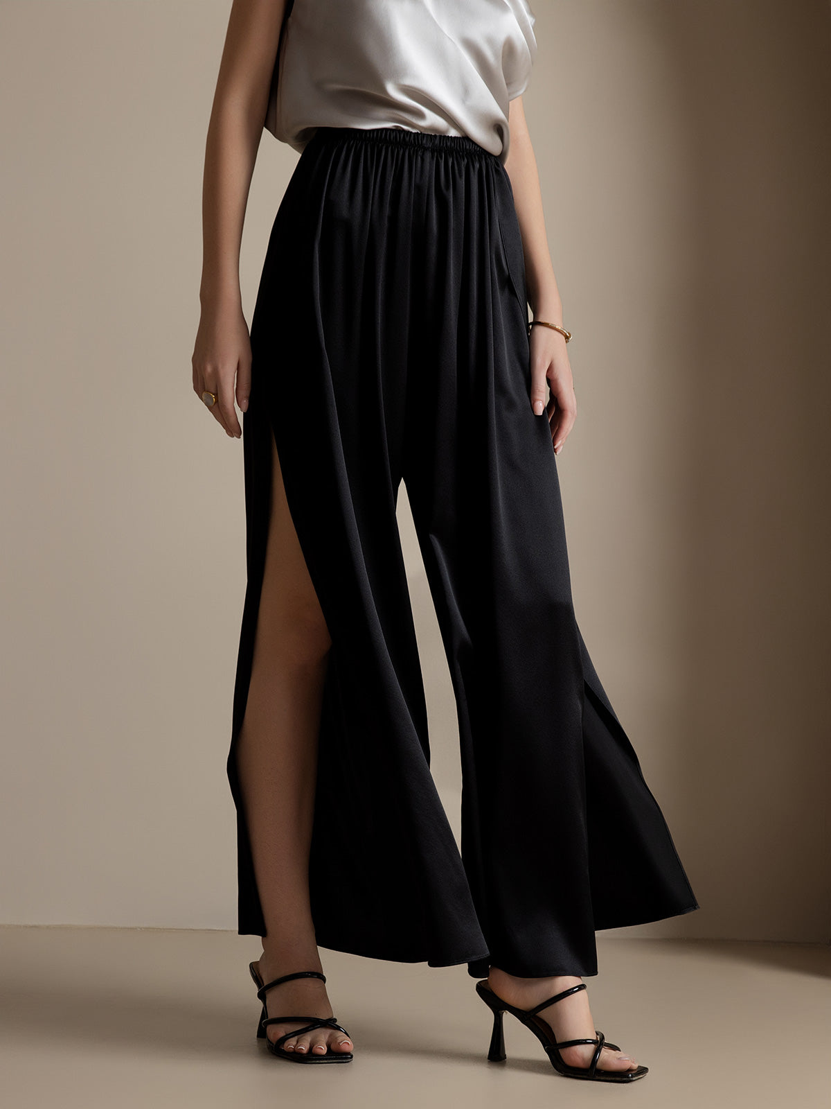 [Svart] SilkSilky-SE 19Momme Silke Womens Pants 001