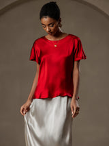 [Vin] SilkSilky-SE 19Momme Kort Ärm Båtringad Dam T-Shirt 004