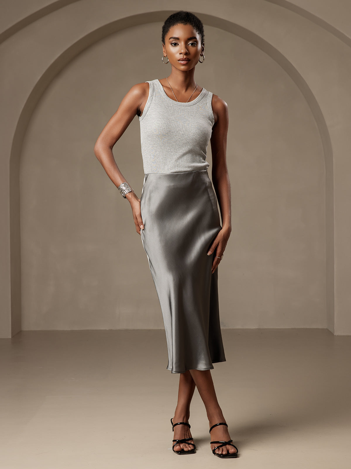 [Mörkgrå] SilkSilky-SE 19Momme Rent Silke Skirt 003