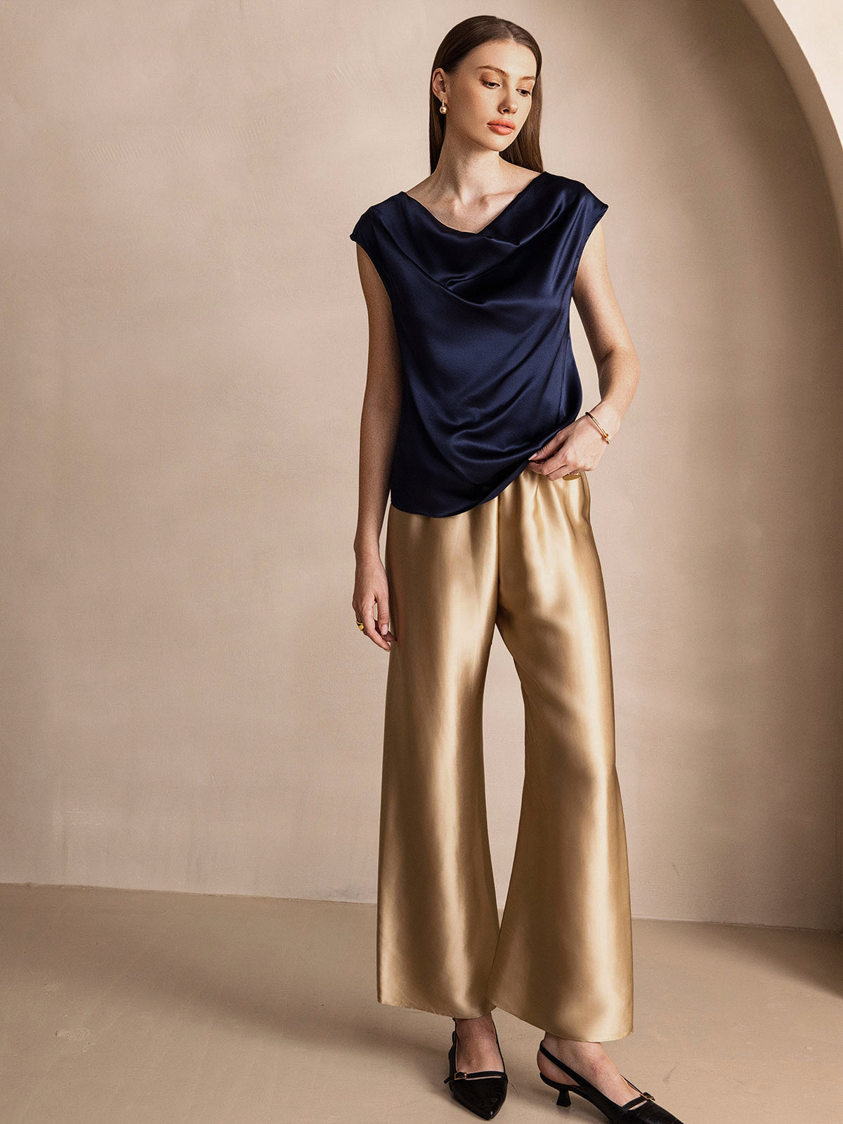 [Mörkblå] SilkSilky-SE 19Momme Silke Womens T-Shirt 007