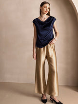[Mörkblå] SilkSilky-SE Cap Sleeve Cowl Neck Dam T-Shirt 007