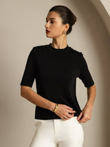 [Svart] SilkSilky-SE Half Sleeve Crewkrage Dam T-Shirt 005