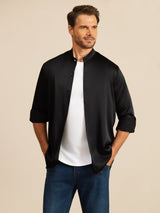 [Svart] SilkSilky-SE Long Sleeve Stand Collar Herrskjorta 003