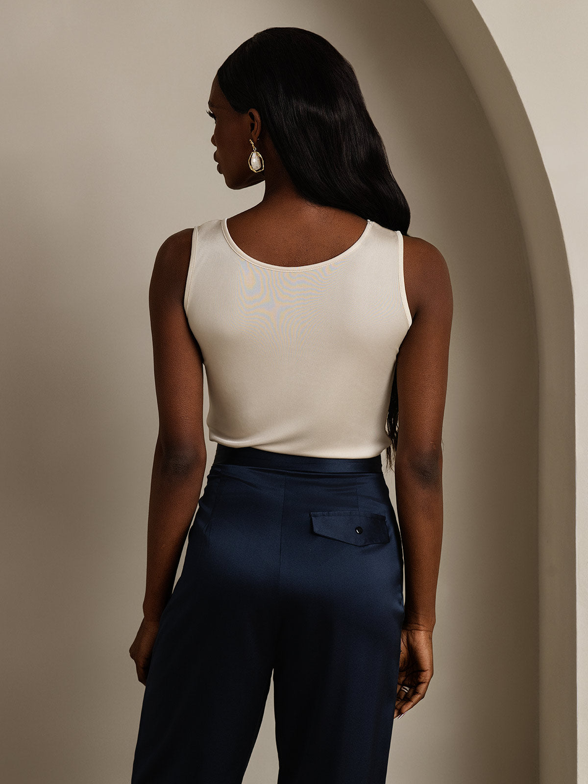 [Beige] SilkSilky-SE Silke Stickad Ärmlös Round Neck Dam T-Shirt 002