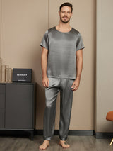 [Mörkgrå] SilkSilky-SE Rent Silke Kort Ärm Round Neck Herr Pyjama 003