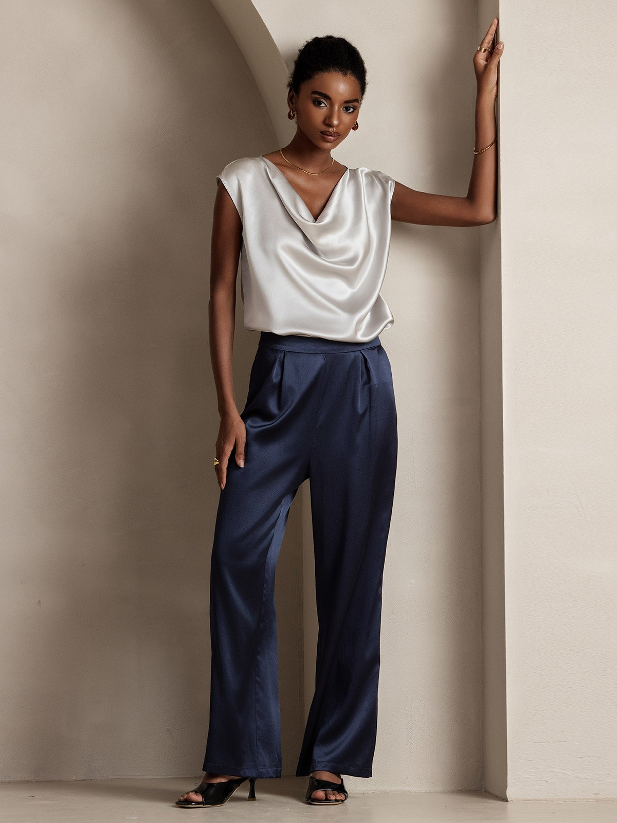 [Ljusgrå] SilkSilky-SE 19Momme Kappärm Cowl Halsringning Dam T-Shirt 008