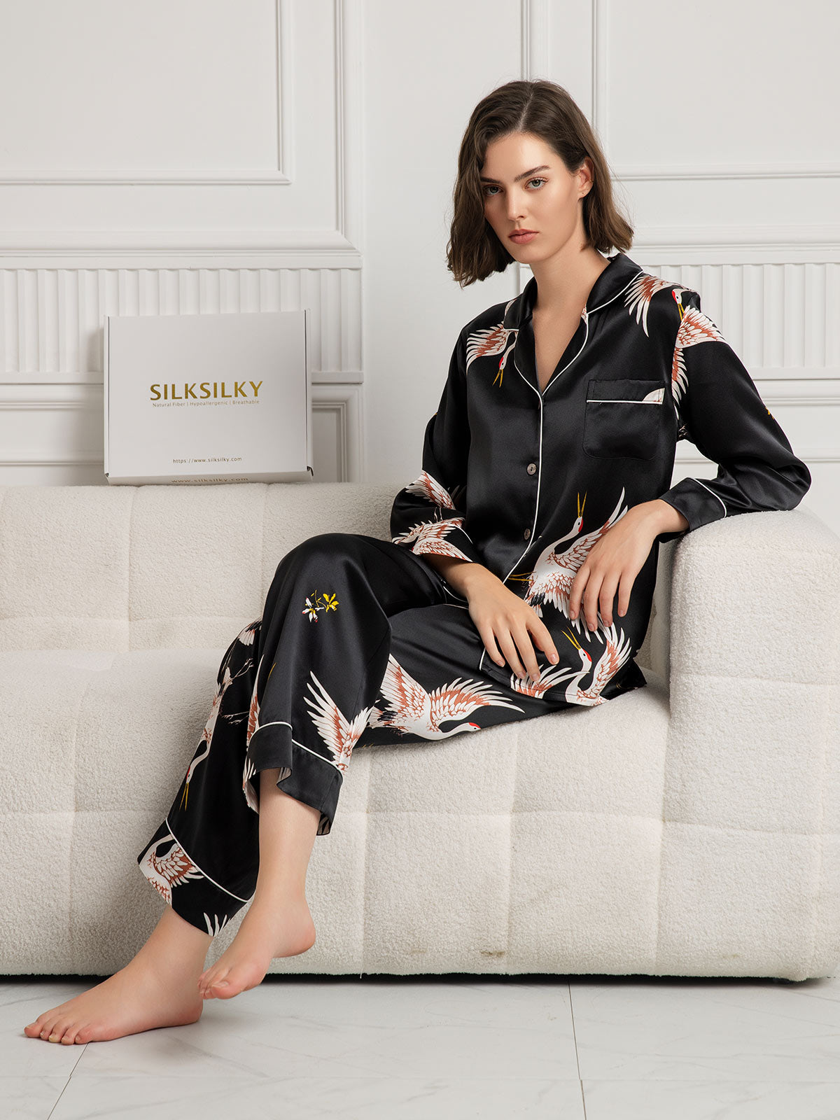[Svart] SilkSilky-SE 19Momme Rent Silke Womens Pajamas 005