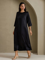 [Svart] SilkSilky-SE 3/4 Sleeve Round Neck Klänning 005