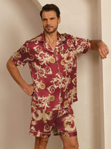 [Vinröd Drake] SilkSilky-SE Short Sleeve Notchkrage Herr Pyjama 004