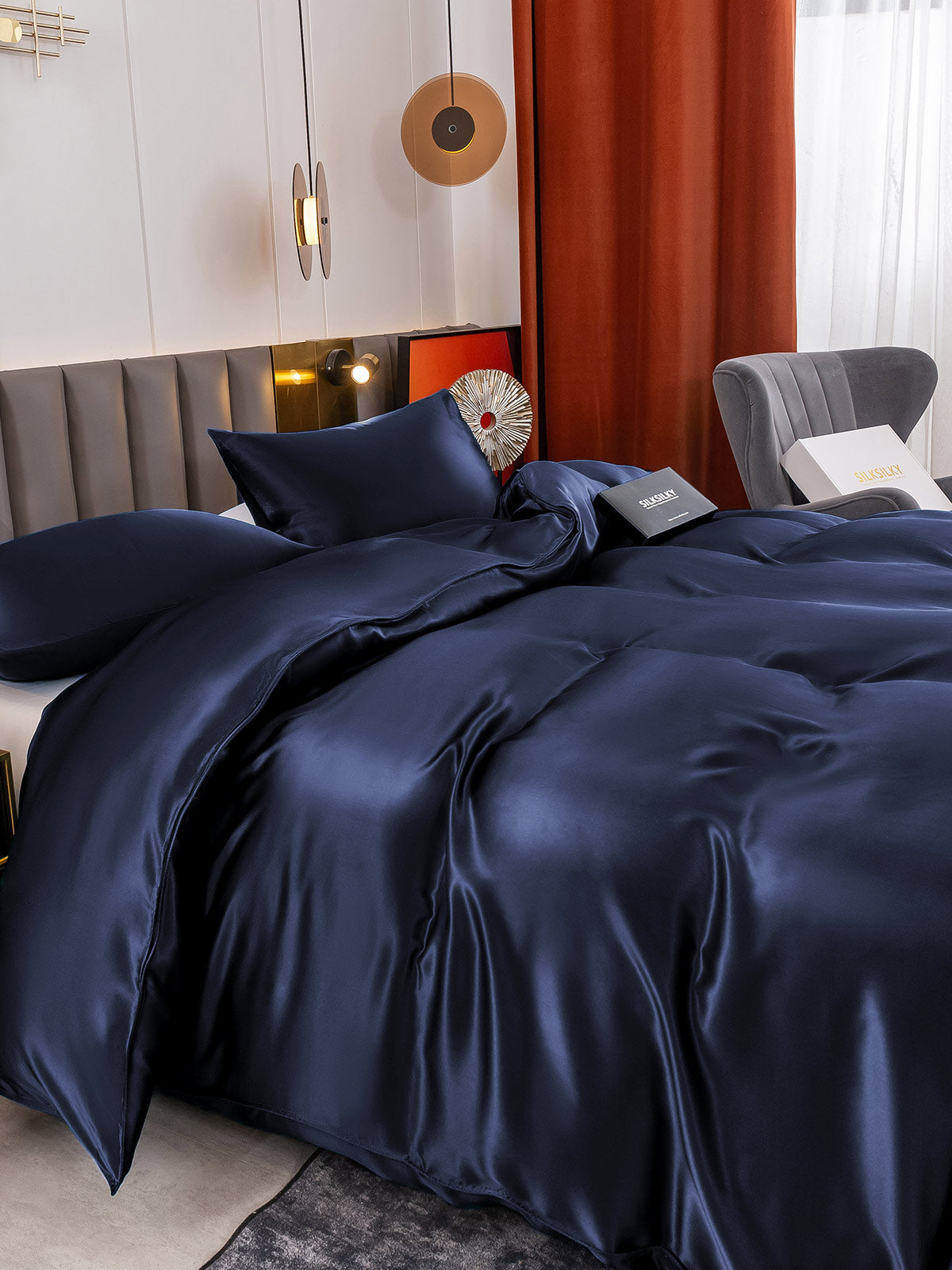 SilkSilky SE 19Momme Rent Silke Bedding Set Mörkblå 005