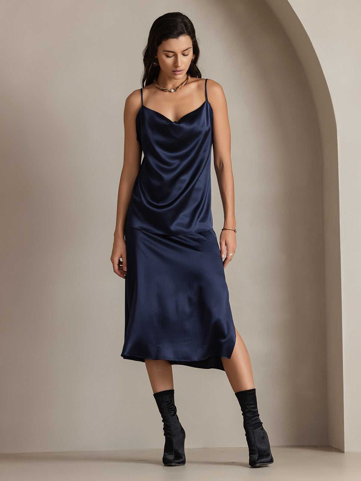 [Mörkblå] SilkSilky-SE 19Momme Silke Skirt 006