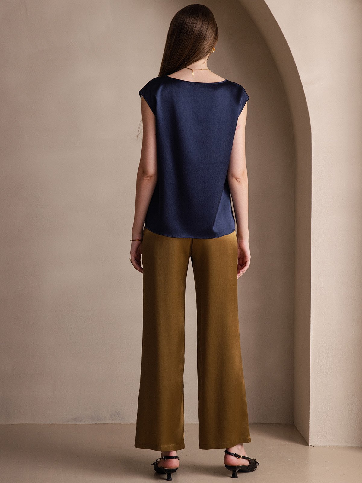 [Mörkblå] SilkSilky-SE 19Momme Silke Womens T-Shirt 002