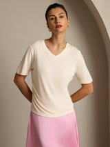 [Beige] SilkSilky-SE Kort Ärm V Ringning Dam T-Shirt 001