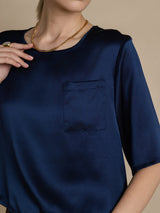 [Mörkblå] SilkSilky-SE Hårärm Djup Rund Halsringning Dam T-Shirt 006