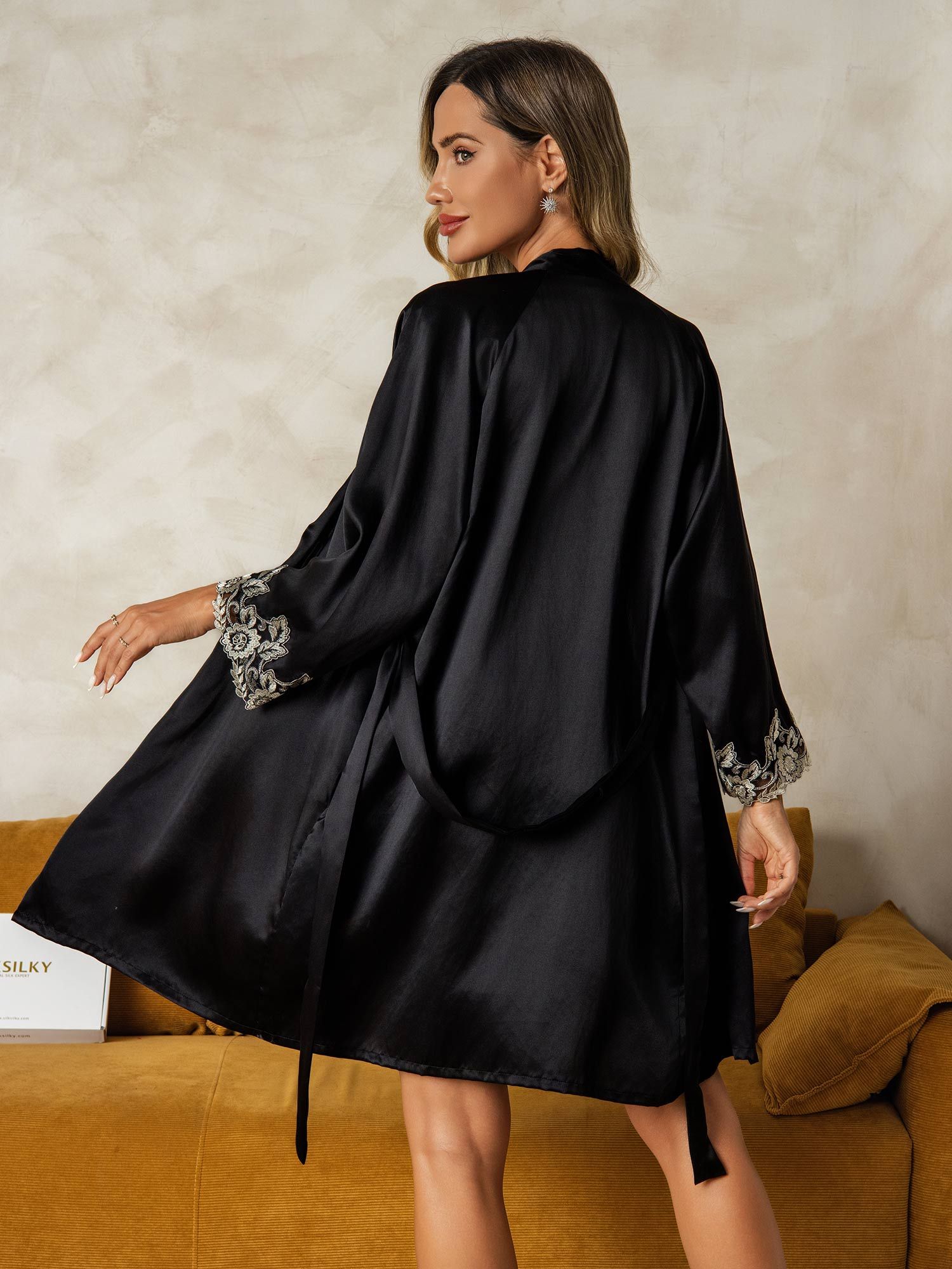 [Svart] SilkSilky-SE Rent Silke Nightgown&Robe Set 002