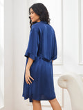 SilkSilky SE Rent Silke 3/4 Ärm Nightgown&Robe Set Mörkblå 002