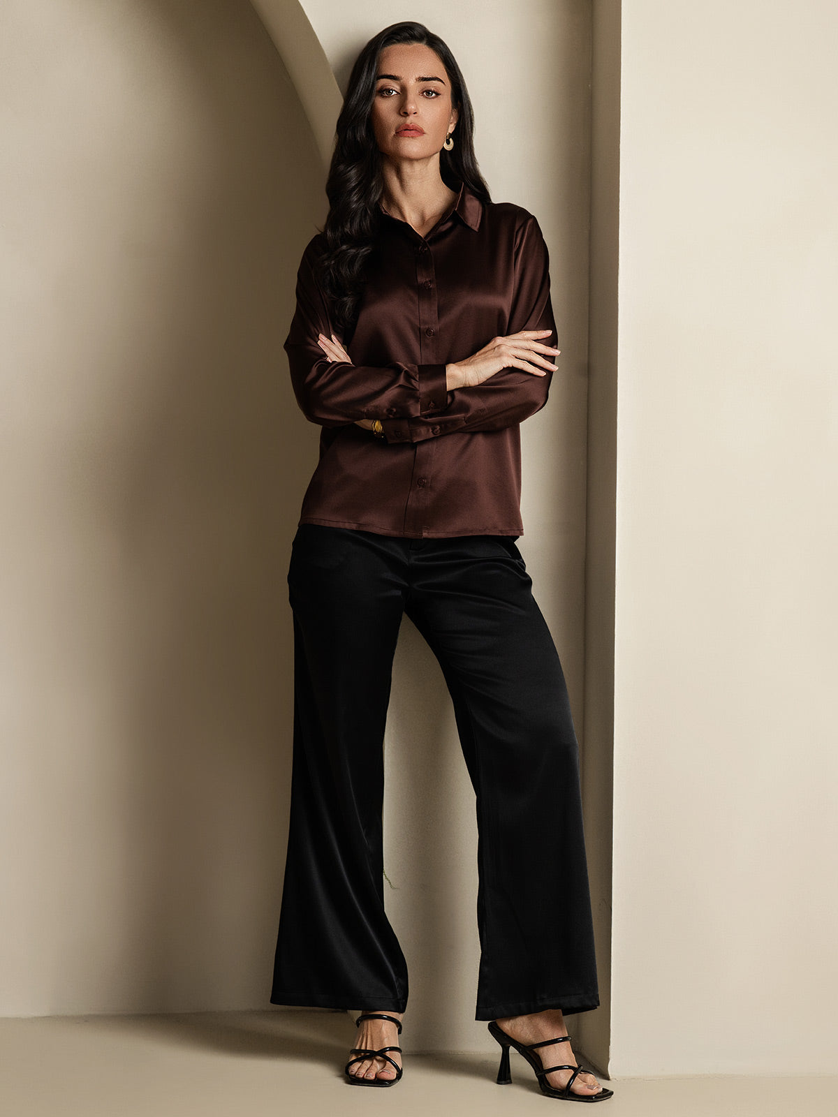 SilkSilky-SE 19Momme Silke Lång Ärm Krage Damskjorta Kaffe 007