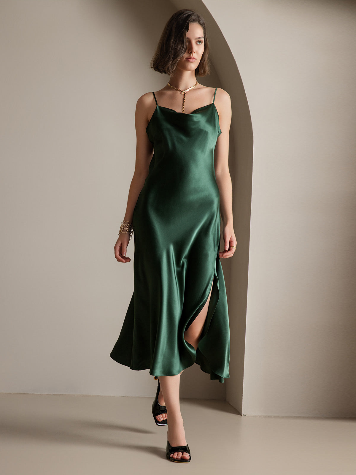 [Mörkgrön] SilkSilky-SE 19Momme Rent Silke Dress 006