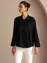 [Svart] SilkSilky-SE Long Sleeve Lapel Collar Blus 003