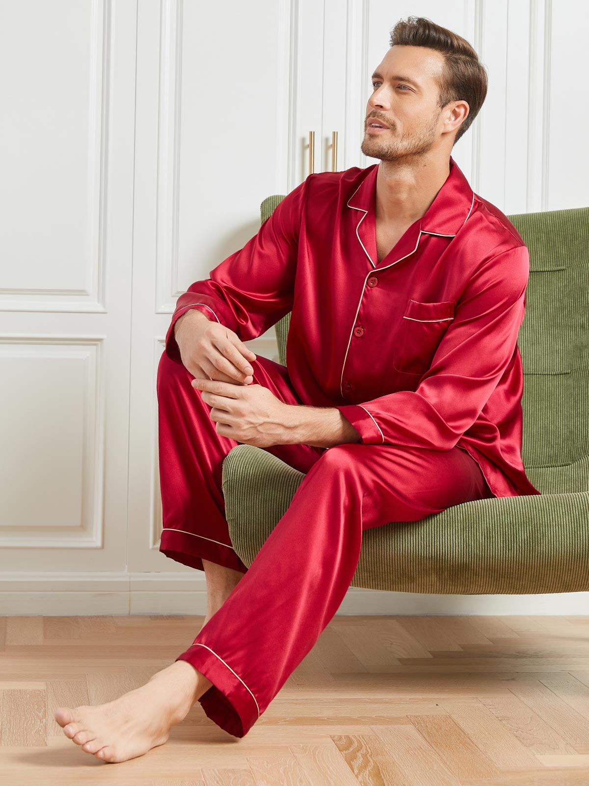 [Röd] SilkSilky-SE 19Momme Rent Silke Mens Pajamas 004