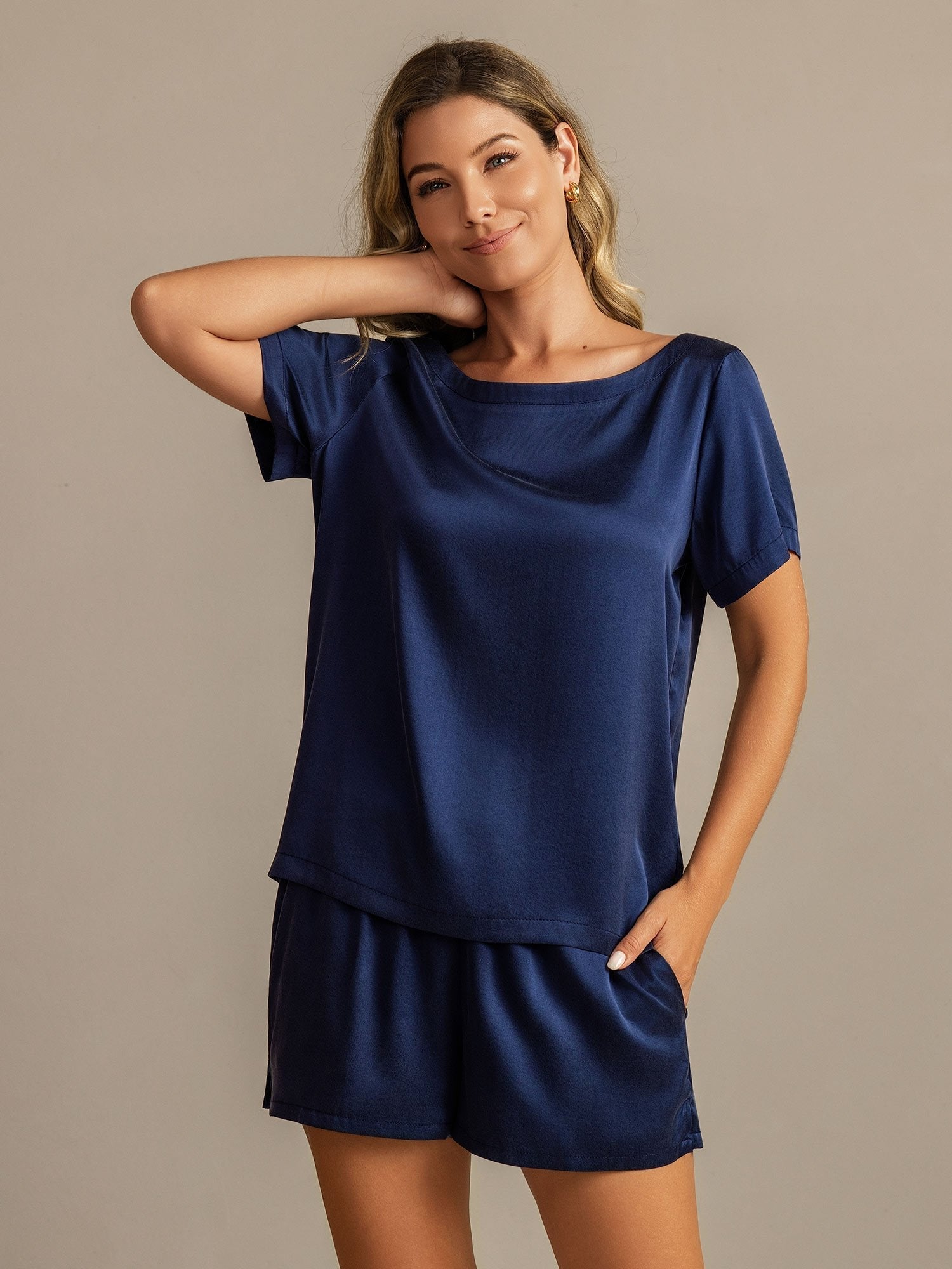 [Mörkblå] SilkSilky-SE 19Momme Silke Womens Pajamas 003,