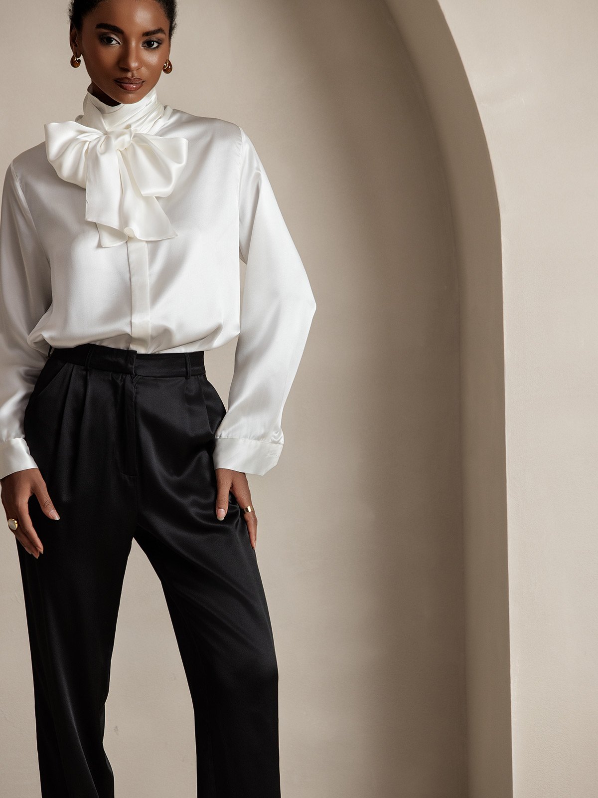 [Svart] SilkSilky-SE 19Momme Silke Womens Pants 003