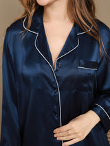 [Mörkblå] SilkSilky-SE Long Sleeve Lapel Collar Dam Pyjama 008