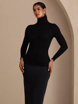[Svart] SilkSilky-SE Long Sleeve Turtle Neck Dam T-Shirt 004