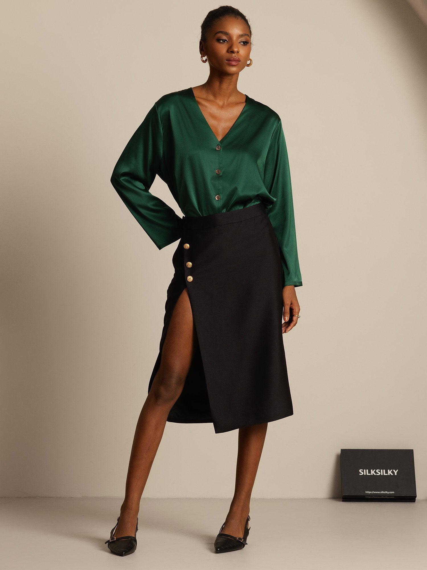 [Svart] SilkSilky-SE 32Momme Silk-Wool Blend Skirt 006,