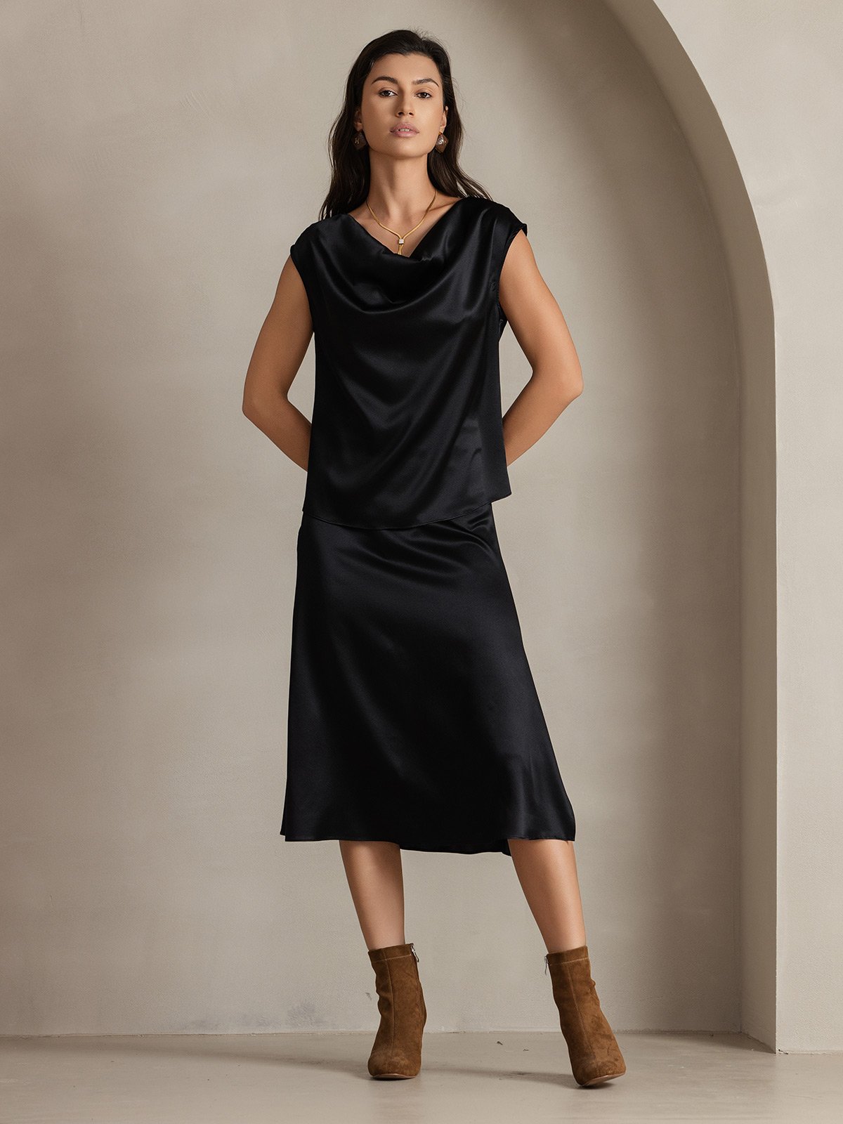 [Svart] SilkSilky-SE 19Momme Silke Ärmlös Womens T-Shirt 005