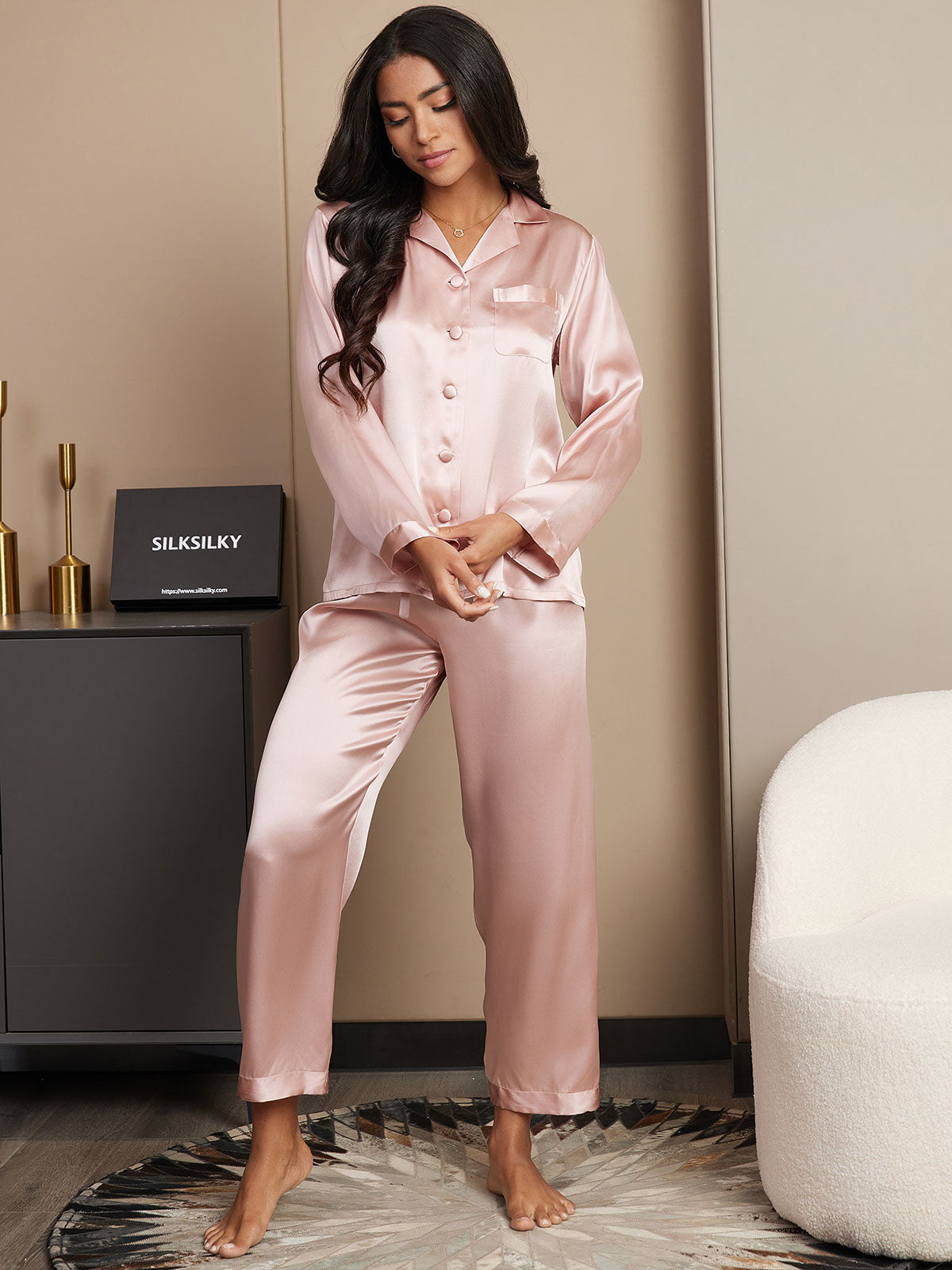 SilkSilky SE Rent Silke Lång Ärm Slag Dam Pyjama Rosa 005