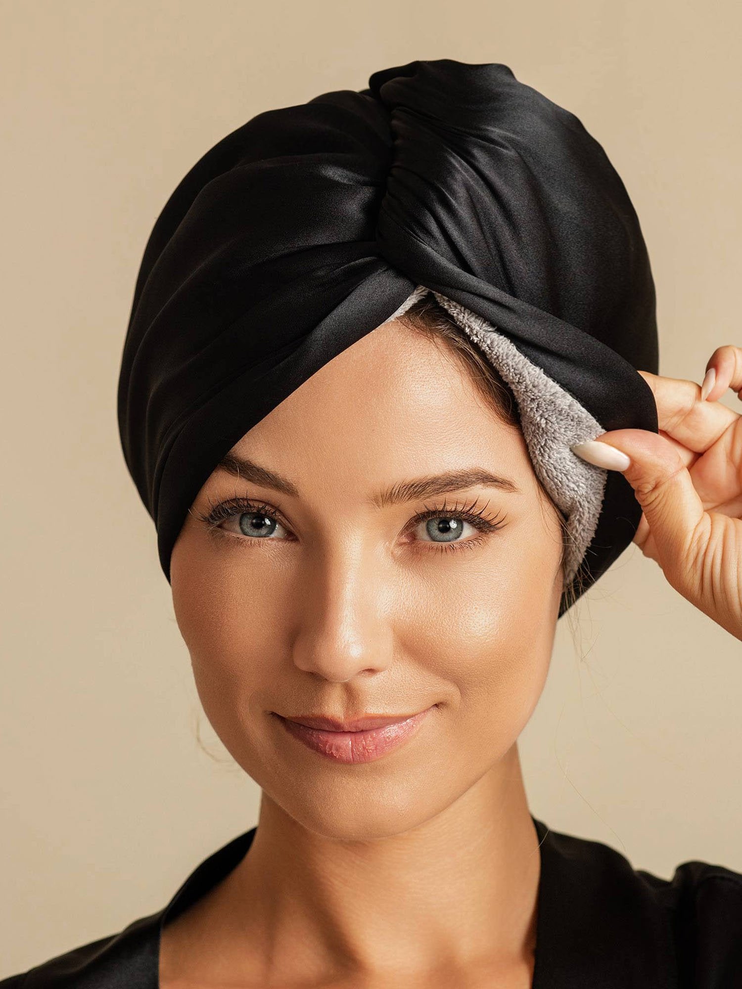[Svart] SilkSilky-SE Rent Silke Hair Towel Wrap 001,