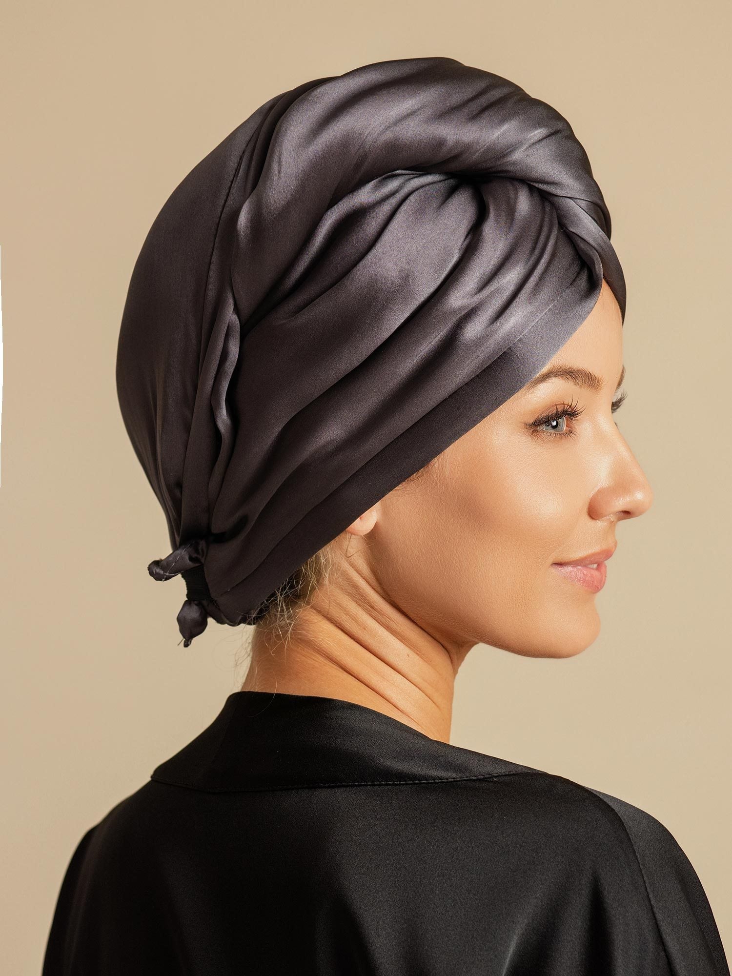 [Mörkgrå] SilkSilky-SE Rent Silke Hair Towel Wrap 004,
