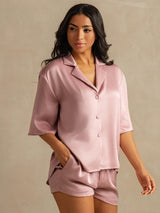 [Persikohud] SilkSilky-SE 19Momme Hårärm Notchkrage Dam Pyjama 005