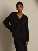 [Svart] SilkSilky-SE Long Sleeve V Neck Damblusar 003