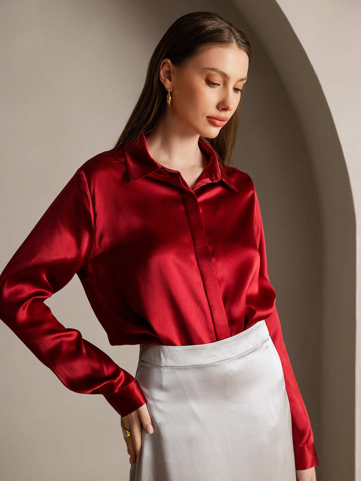 [Vin] SilkSilky-SE 19Momme Silke Lapel Collar Damskjorta 001