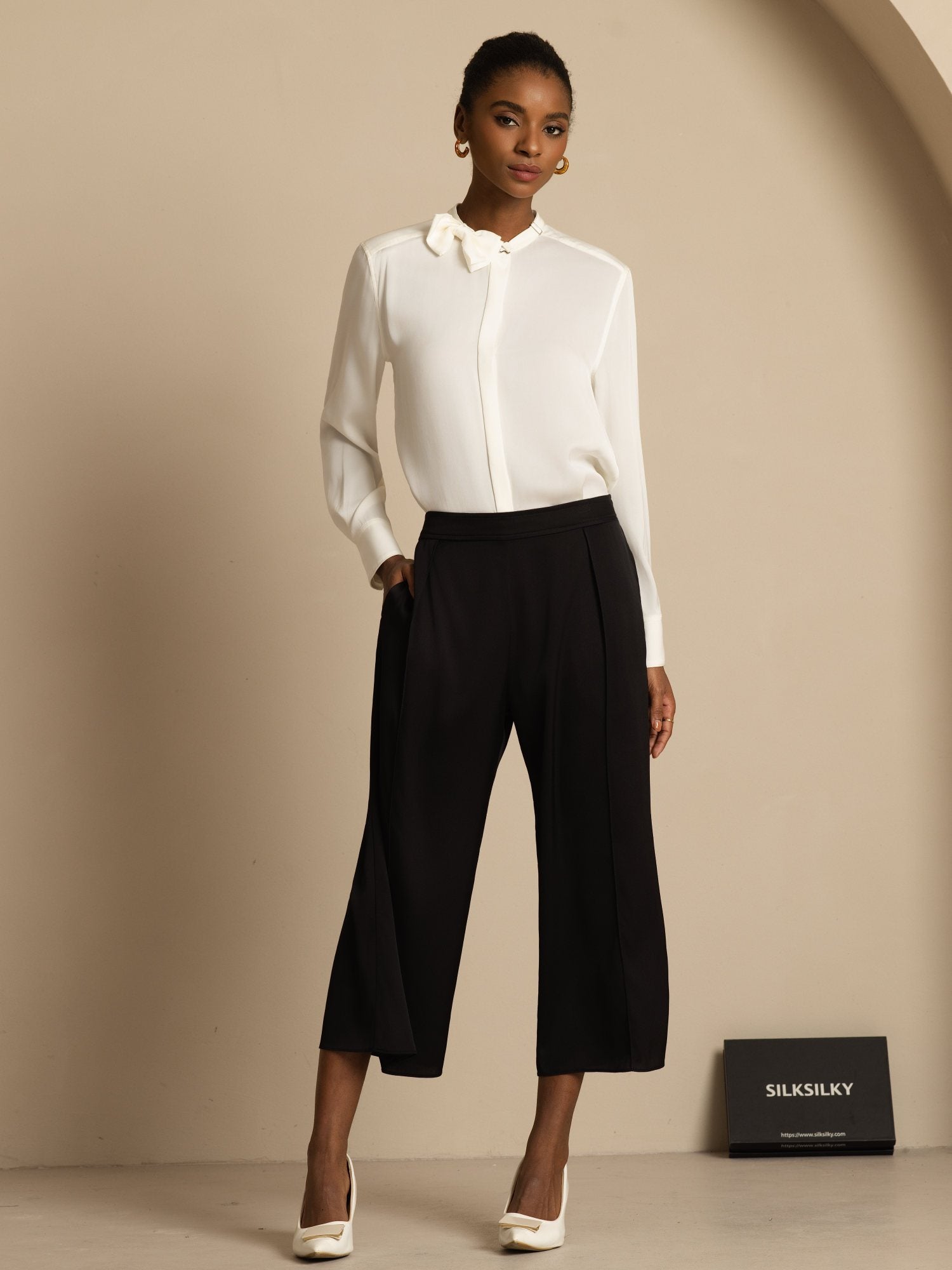 [Vit] SilkSilky-SE 19Momme Silke Lång Ärm Ståkrage Blus 008