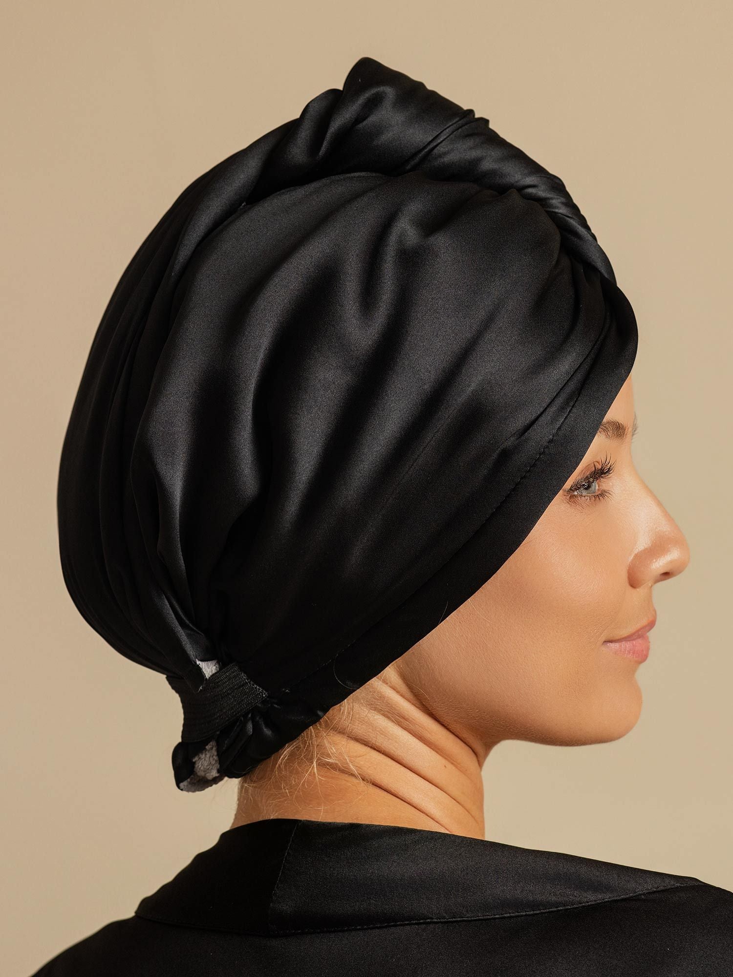 [Svart] SilkSilky-SE Rent Silke Hair Towel Wrap 002,