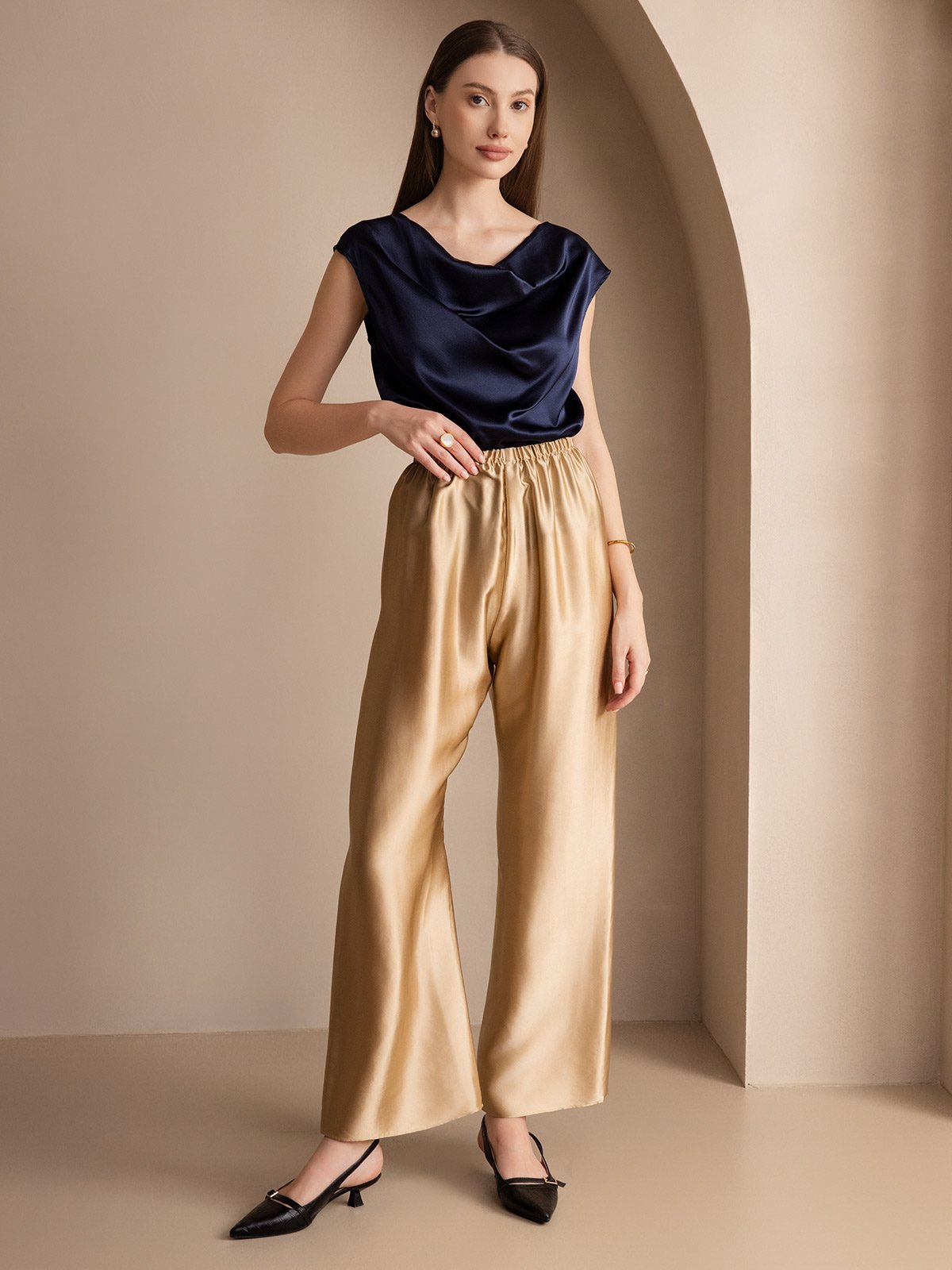 [Mörkblå] SilkSilky-SE 19Momme Kappärm Cowl Halsringning Dam T-Shirt 006