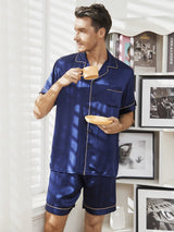 [Mörkblå] SilkSilky-SE Short Sleeve Lapel Collar Herr Pyjama 001