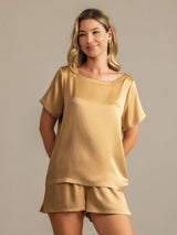 [Tan] SilkSilky-SE 19Momme Kort Ärm Rund Halsringning Dam Pyjama 007
